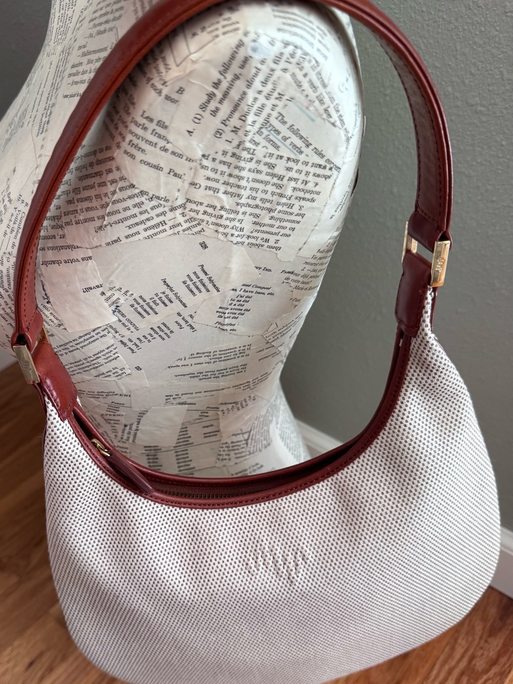 Monsac Cream Shoulder Bag with Brown Leather Trim